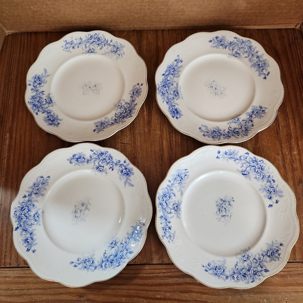 Vtg Smith Phillips China Semi Porcelain 9" Plates Blue Floral Gold Scallop Trim